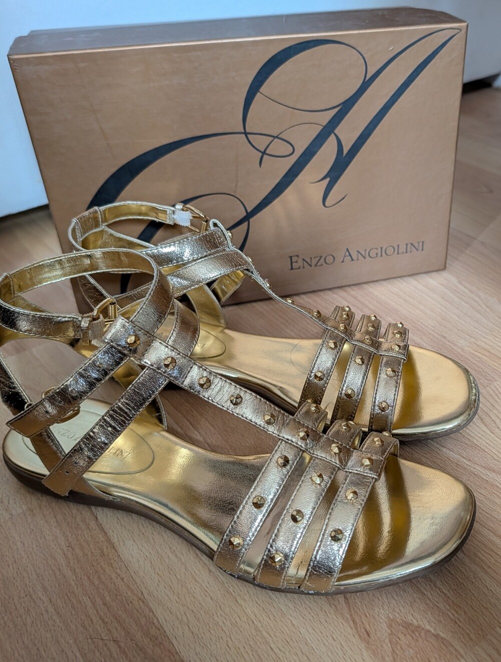 Enzo Angiolini Metallic Gold Studded Strappy Sandals